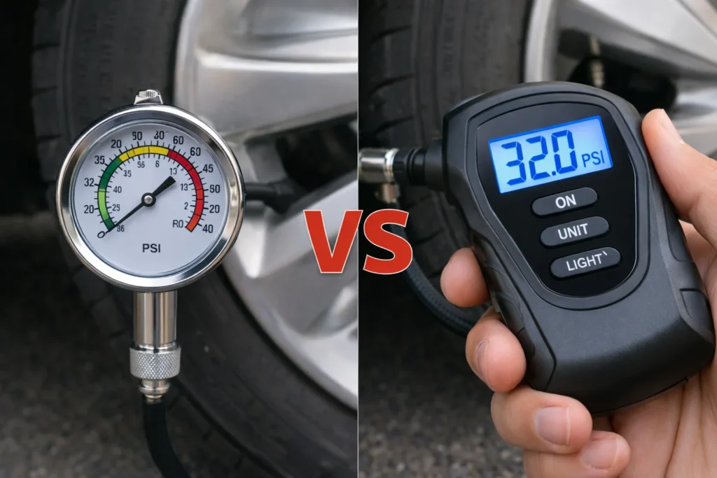 Comparação entre calibrador de pneus analógico e calibrador de pneus digital