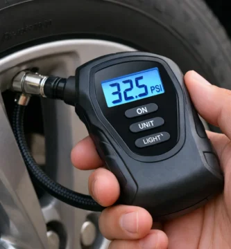 Calibrador de pneus digital automotivo medindo a pressão do pneu do carro