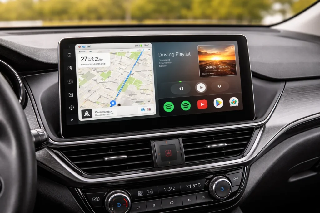 Central multimídia Android automotiva instalada no painel do carro com GPS e aplicativos
