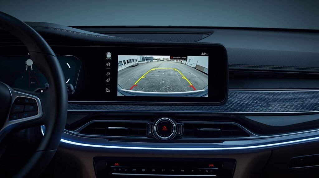 Central multimídia Android automotiva exibindo imagem da câmera de ré no painel do carro
