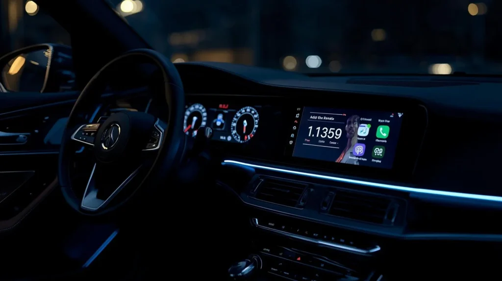 Central multimídia Android automotiva com painel iluminado em uso noturno
