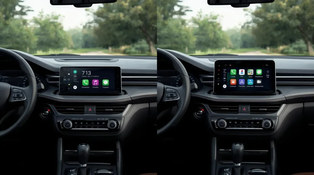 Comparação entre central multimídia Android automotiva com tela pequena e tela grande no painel do carro


