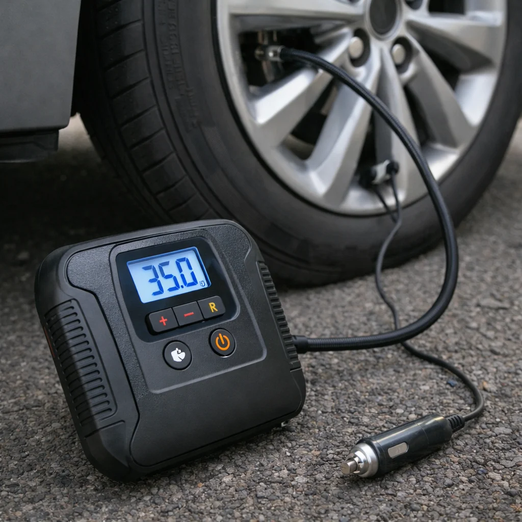 Compressor de ar portátil automotivo 12V calibrando pneu de carro