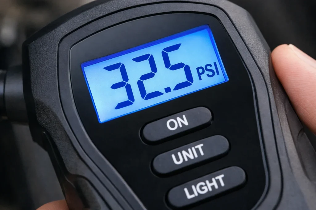 Display LCD de calibrador de pneus digital mostrando pressão em PSI