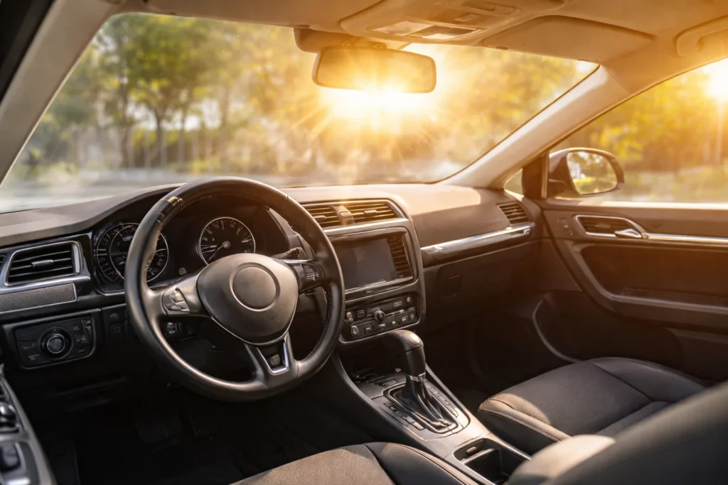 Interior de carro exposto ao sol com painel e volante aquecidos