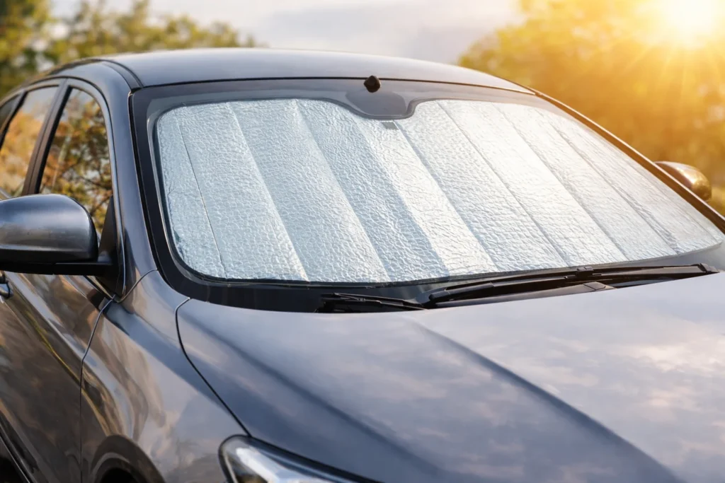 Protetor solar automotivo instalado no para-brisa protegendo o interior do carro do calor