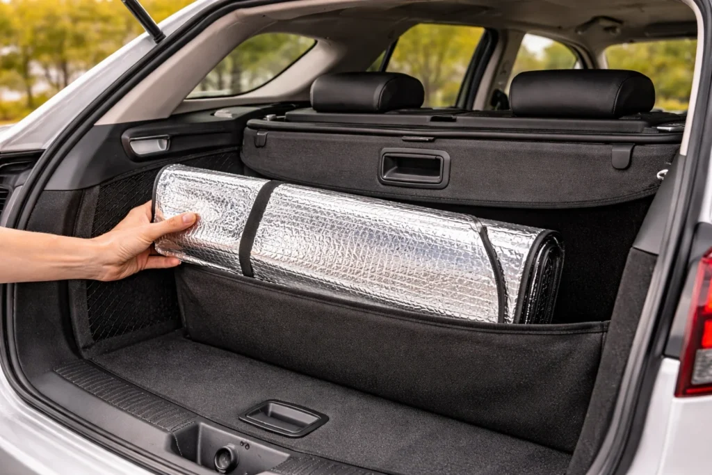 Protetor solar automotivo dobrável sendo guardado no porta-malas do carro