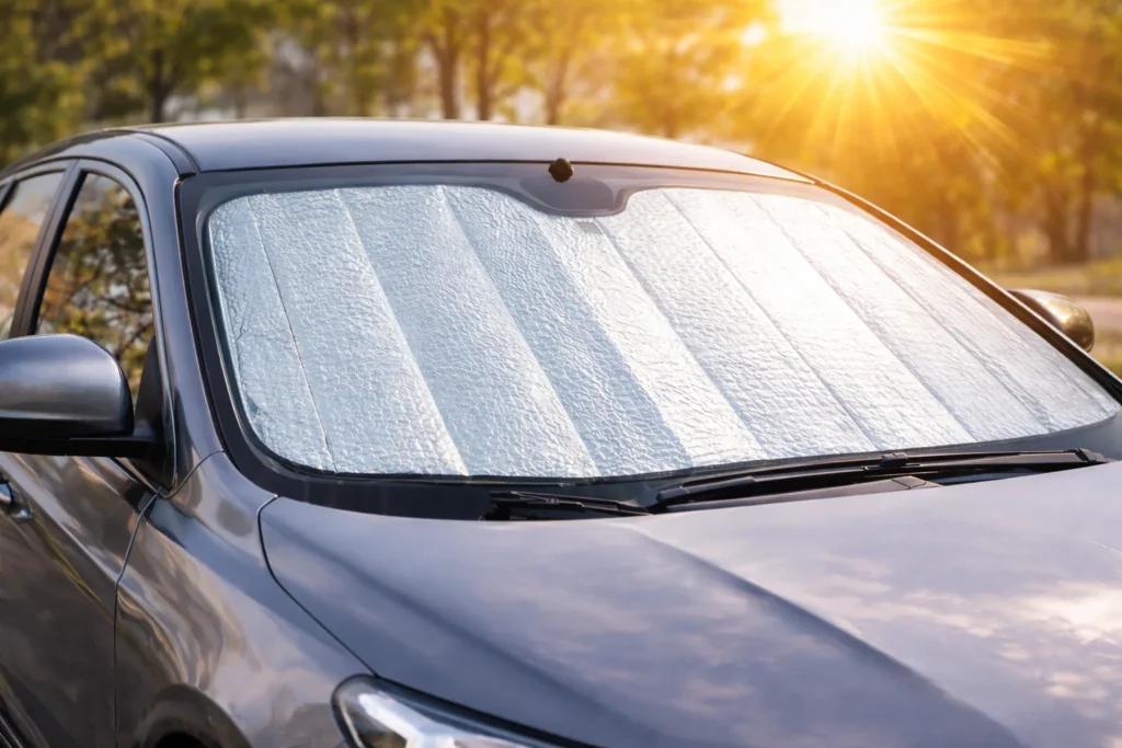 Protetor solar automotivo instalado no para-brisa refletindo o calor do sol