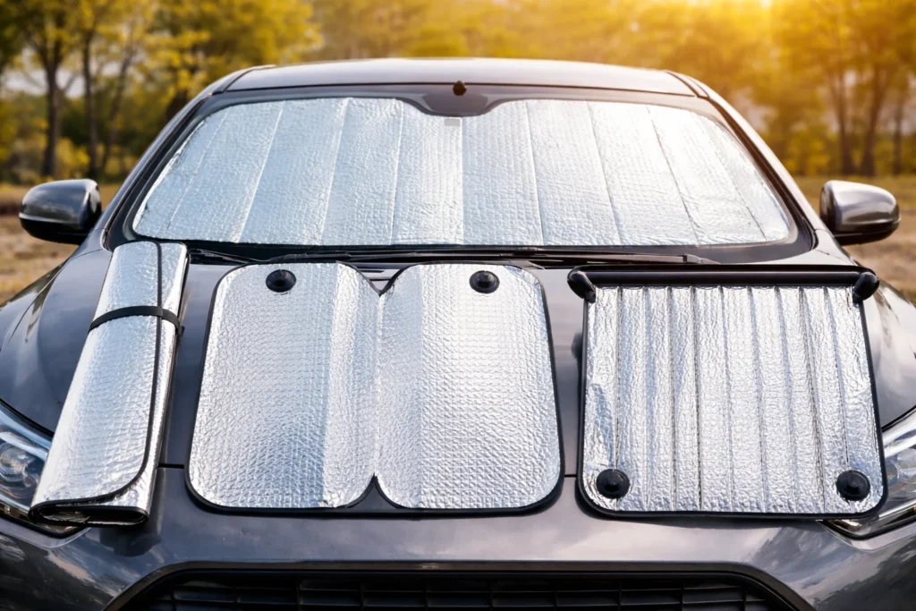 Diferentes tipos de protetor solar automotivo para para-brisa exibidos lado a lado